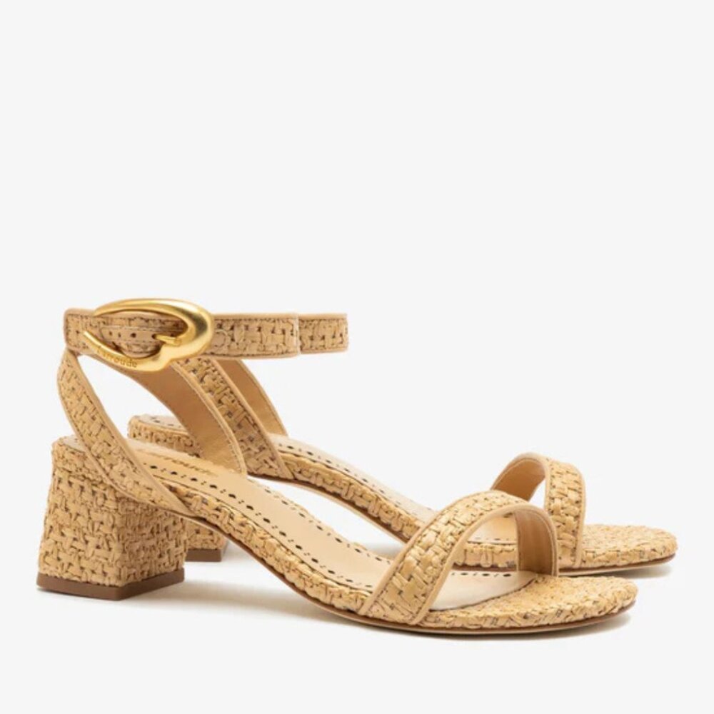 Larroudé Verona Block Sandal In Beige Leather and Natural Raffia - Picture 3 of 11
